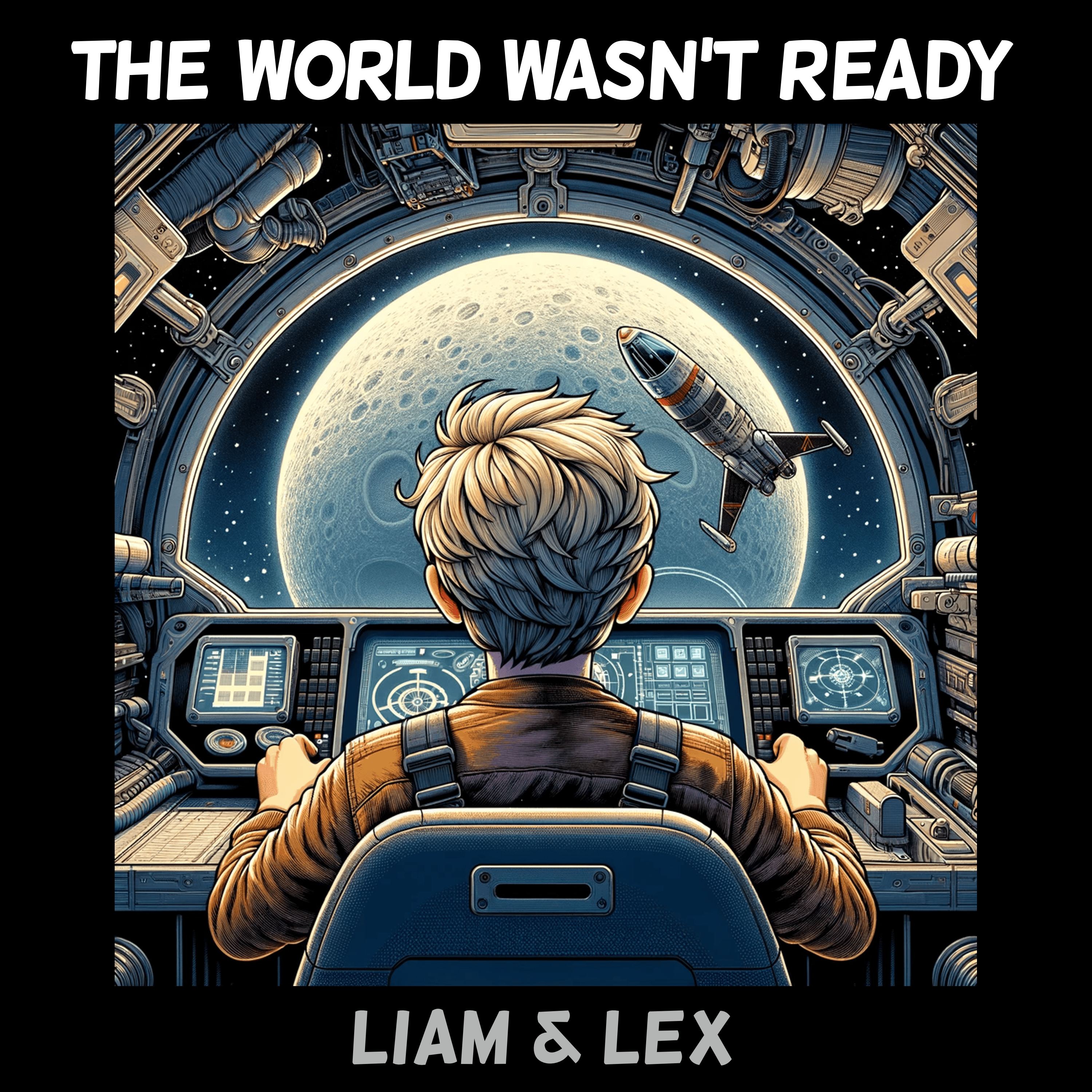 The World Wasn't Ready album cover: Blonde haired boy captaining a spacehsip to the moon
