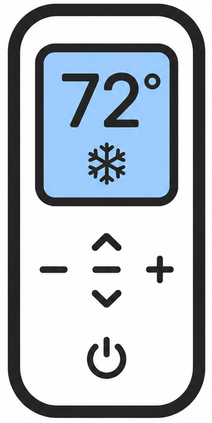 Stylized remote showing 72° with a snowflake — cool mode