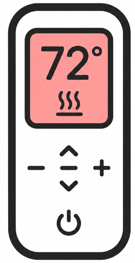 Stylized remote showing 72° with heat waves — heat mode