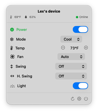 AC Slater&rsquo;s menubar panel — showing a Sensibo device called &lsquo;Lex&rsquo;s device&rsquo; at 69°F / 63% humidity, online, with toggles and steppers for Power, Mode (Cool), Temp (73°F), Fan (Auto), Swing, Horizontal Swing, and Light