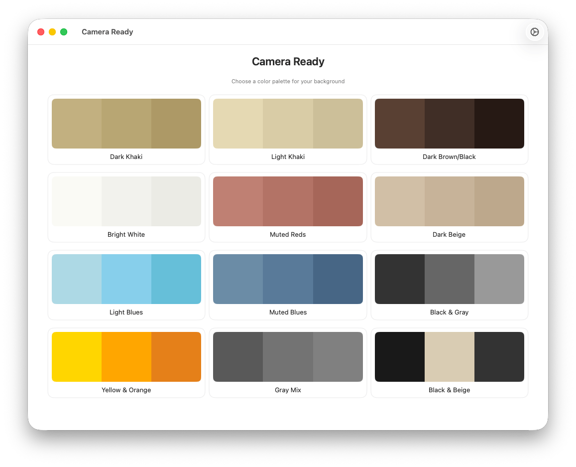 Camera Ready’s interface showing the color palette chooser with multiple selectable lighting tones
