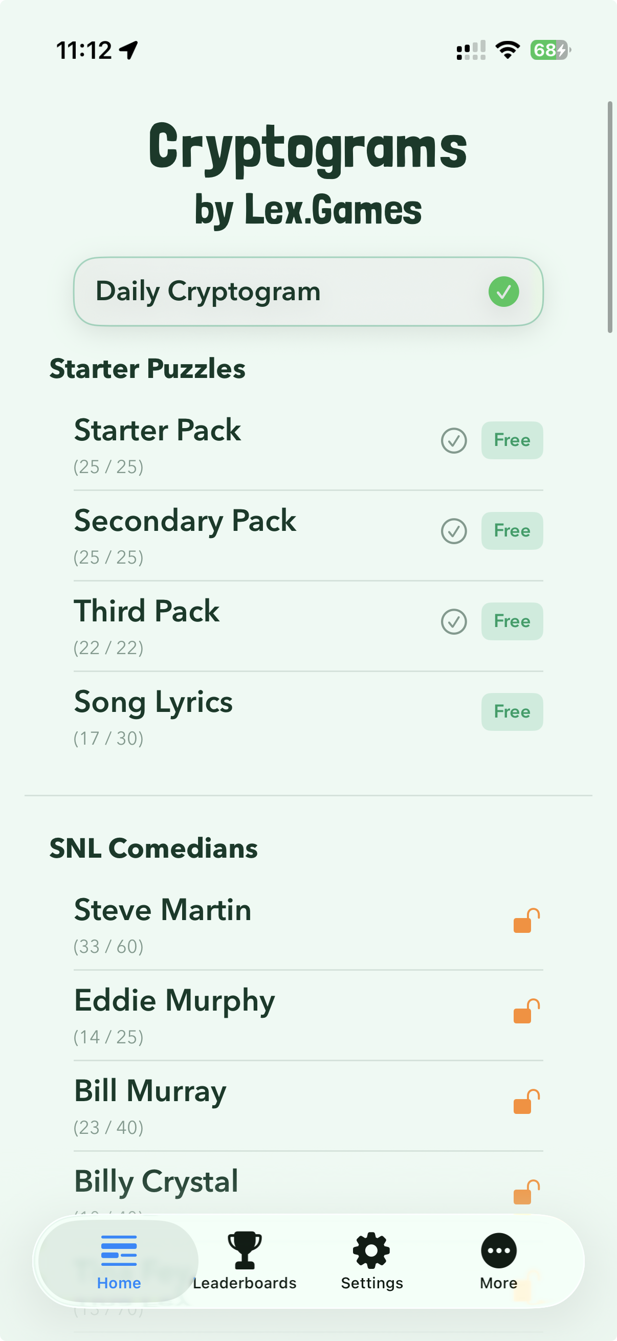 App screenshot of Cryptograms