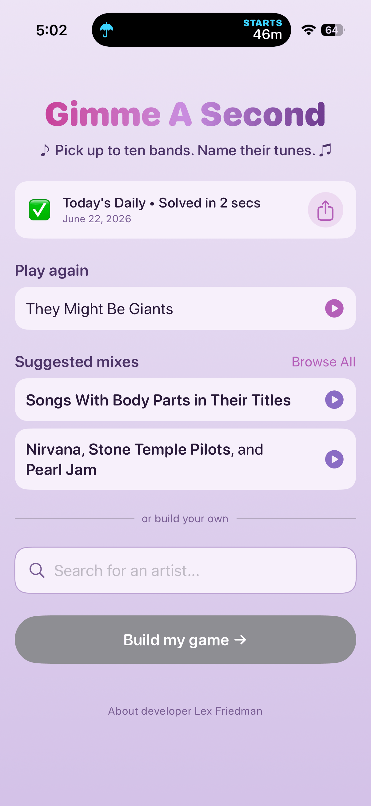 Home screen with today&rsquo;s daily puzzle, a play-again artist, and suggested mixes