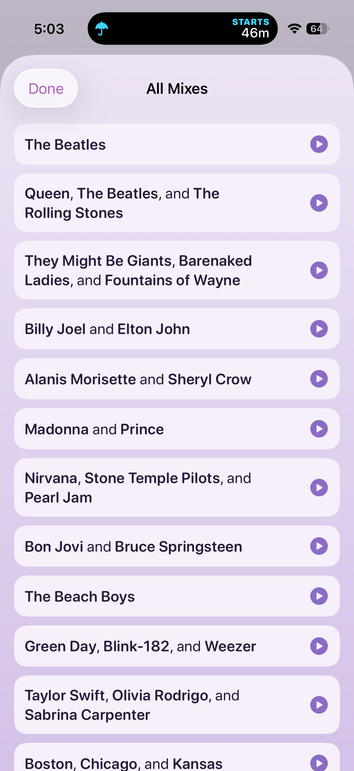 A list of ready-made artist mixes like The Beatles and Queen, the Rolling Stones, and more