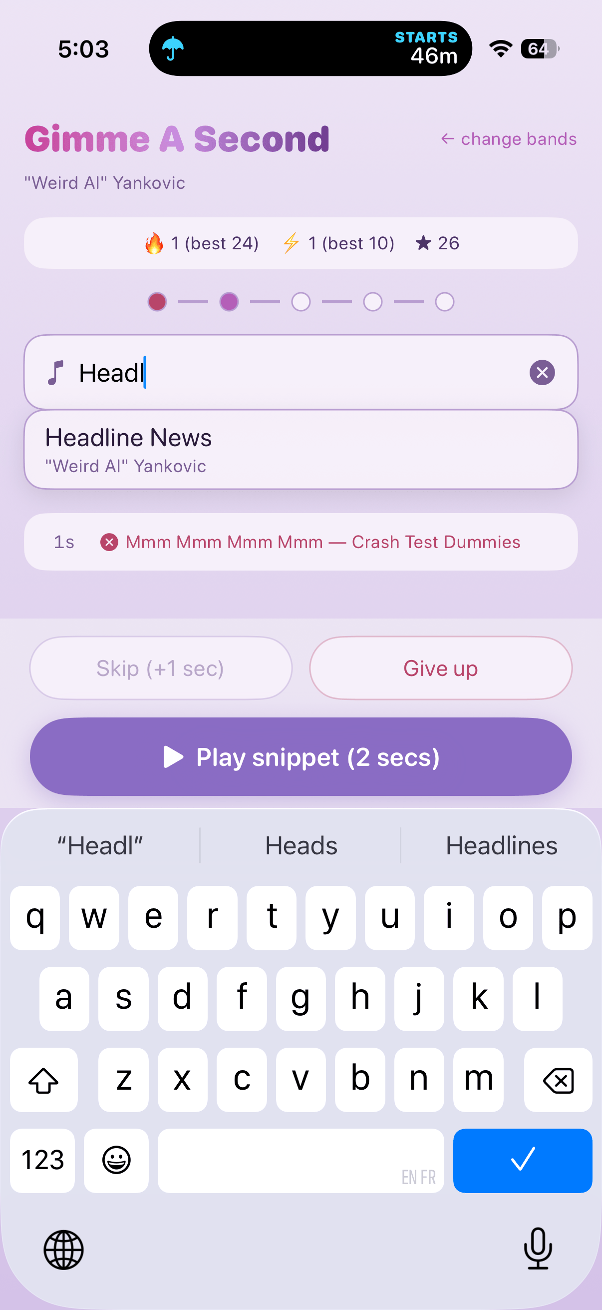 Gameplay: tap skip to earn another second, up to five