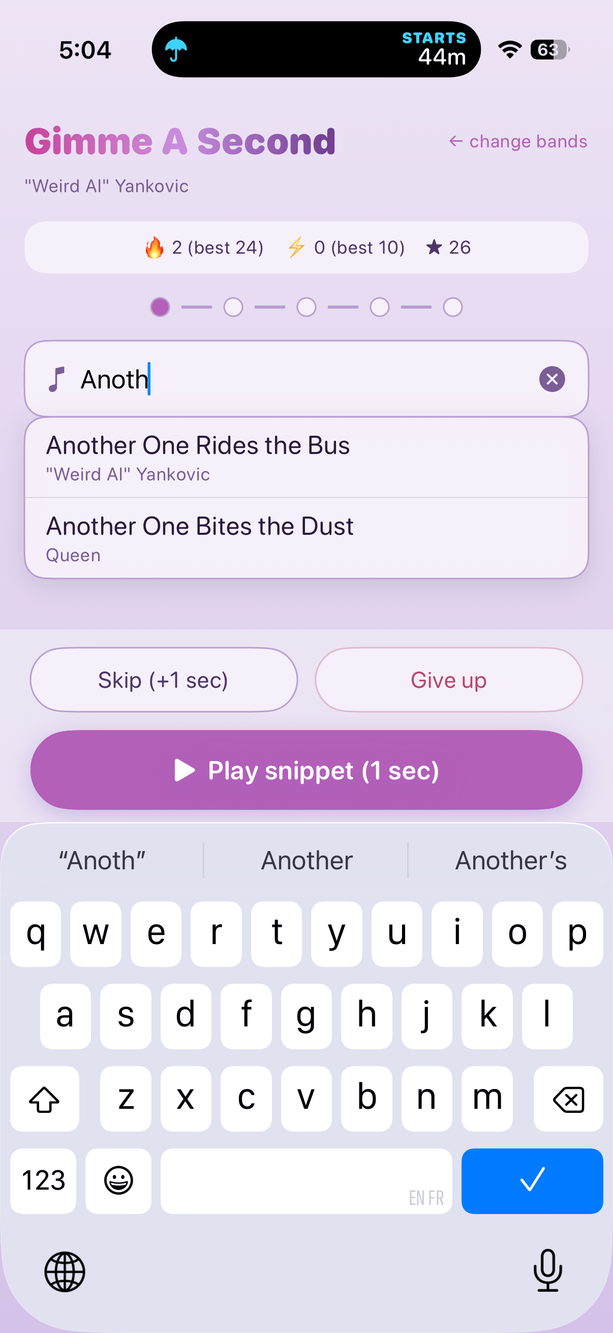 Gameplay: a one-second snippet with song suggestions appearing as you type
