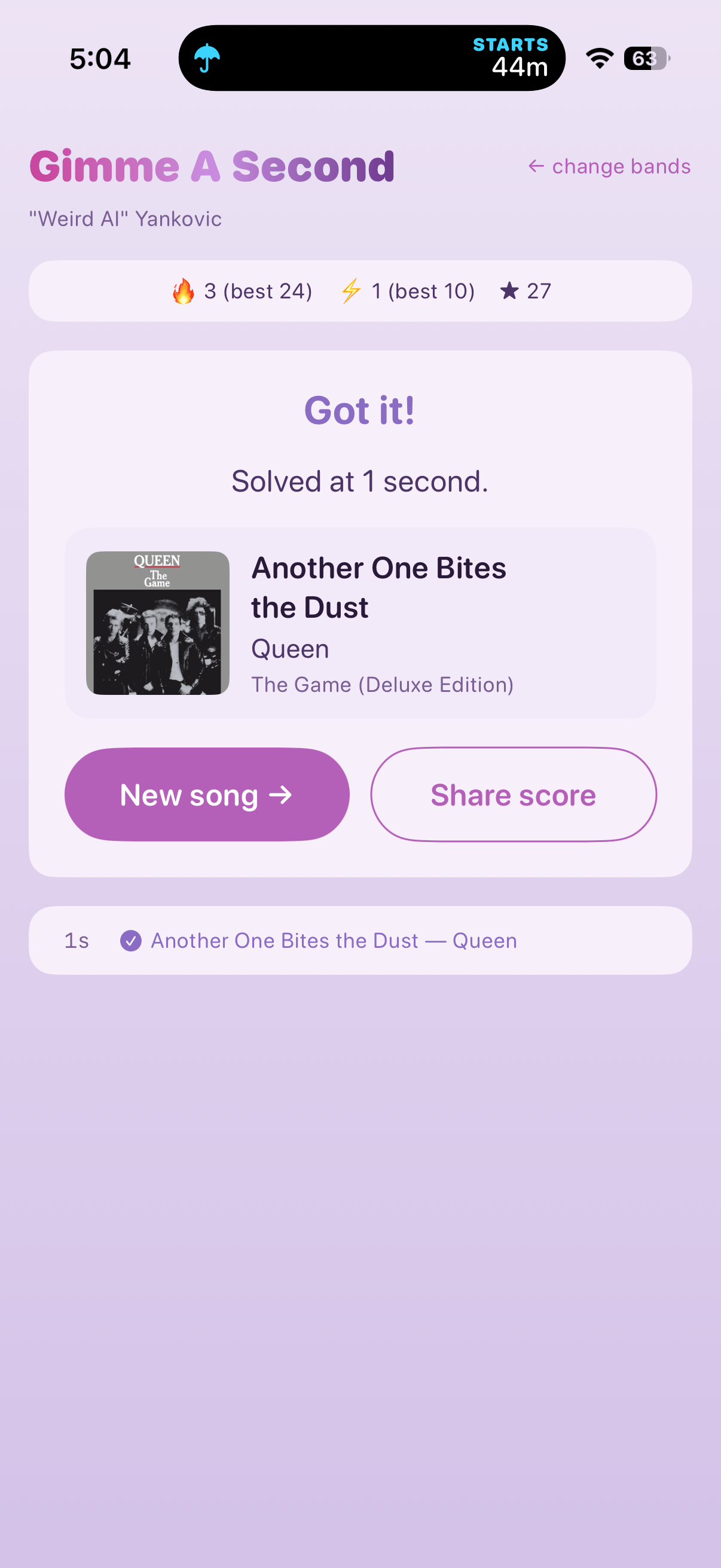 Result screen reading Got it, solved at one second, with album art and a share button