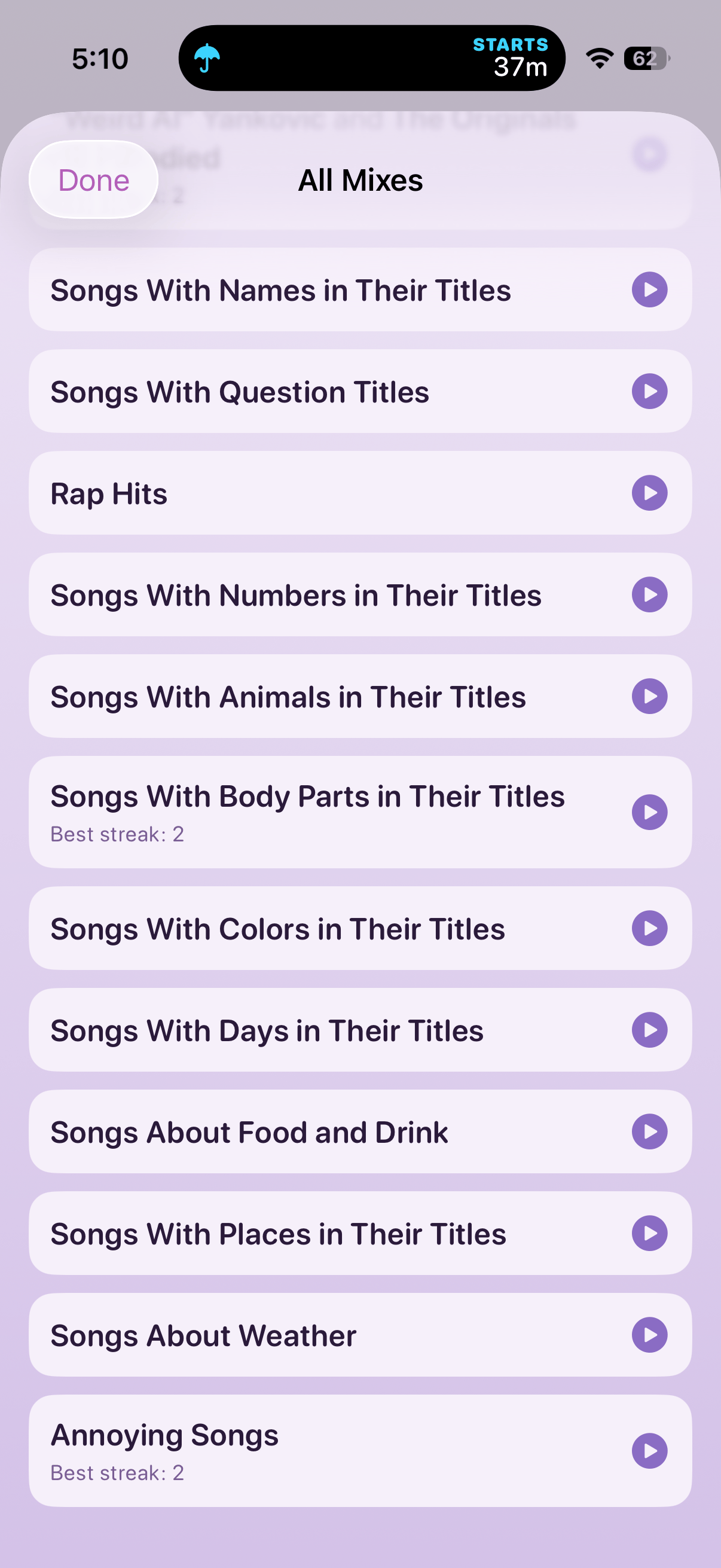 A long list of themed mixes such as songs with animals, colors, or numbers in their titles