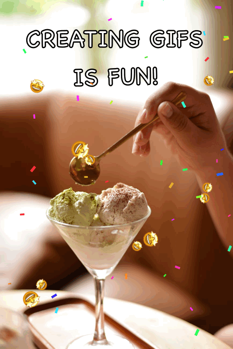 The resulting animated GIF: the ice-cream photo with &lsquo;Creating GIFs is fun!&rsquo; in bold text, gold party-emoji sparkles bouncing around, and confetti raining down