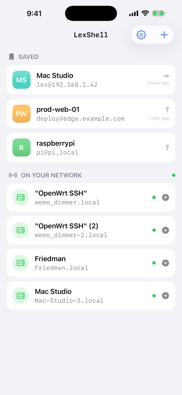 LexShell home screen on iPhone showing saved hosts and SSH servers discovered on the local network