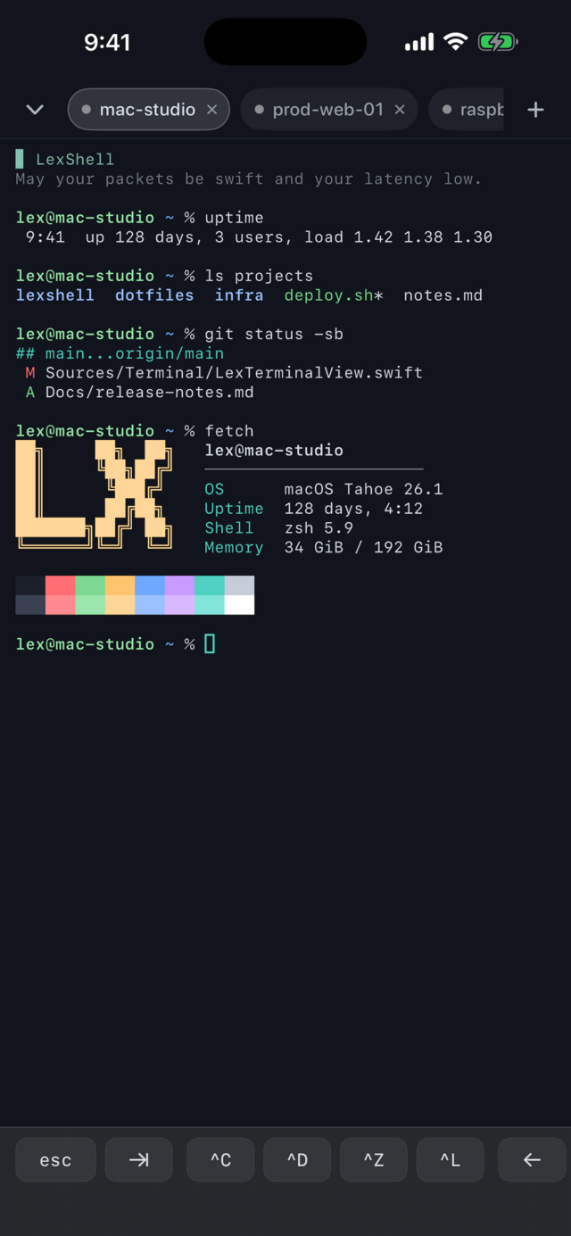LexShell terminal on iPhone in the dark blue Squid Ink theme with three connection tabs open