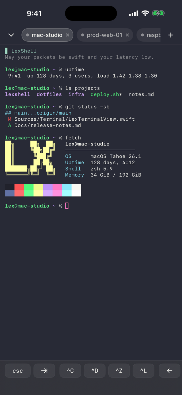 LexShell terminal on iPhone in the purple-and-pink Grape Soda theme