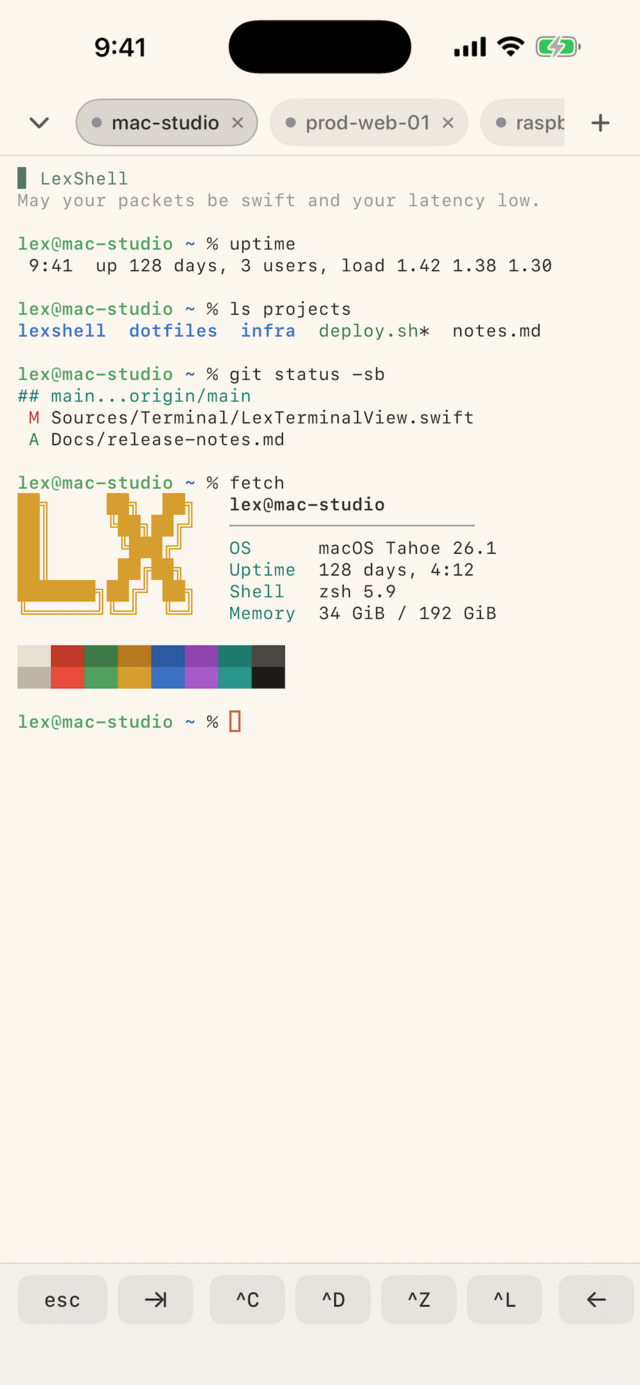 LexShell terminal on iPhone in the light Sunny-Side Up theme on a warm paper background