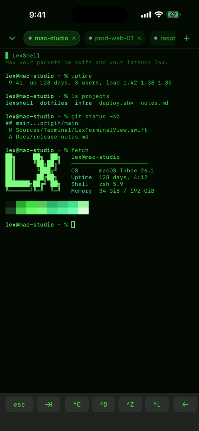 LexShell terminal on iPhone in the green-on-black Glowworm theme