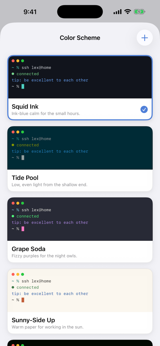 LexShell color scheme picker on iPhone showing live previews of Squid Ink, Tide Pool, Grape Soda, and Sunny-Side Up themes