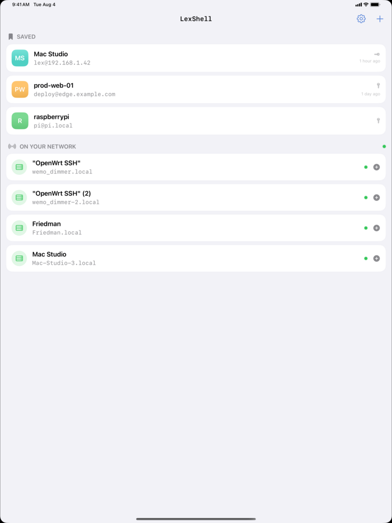 LexShell home screen on iPad showing saved hosts and SSH servers discovered on the local network