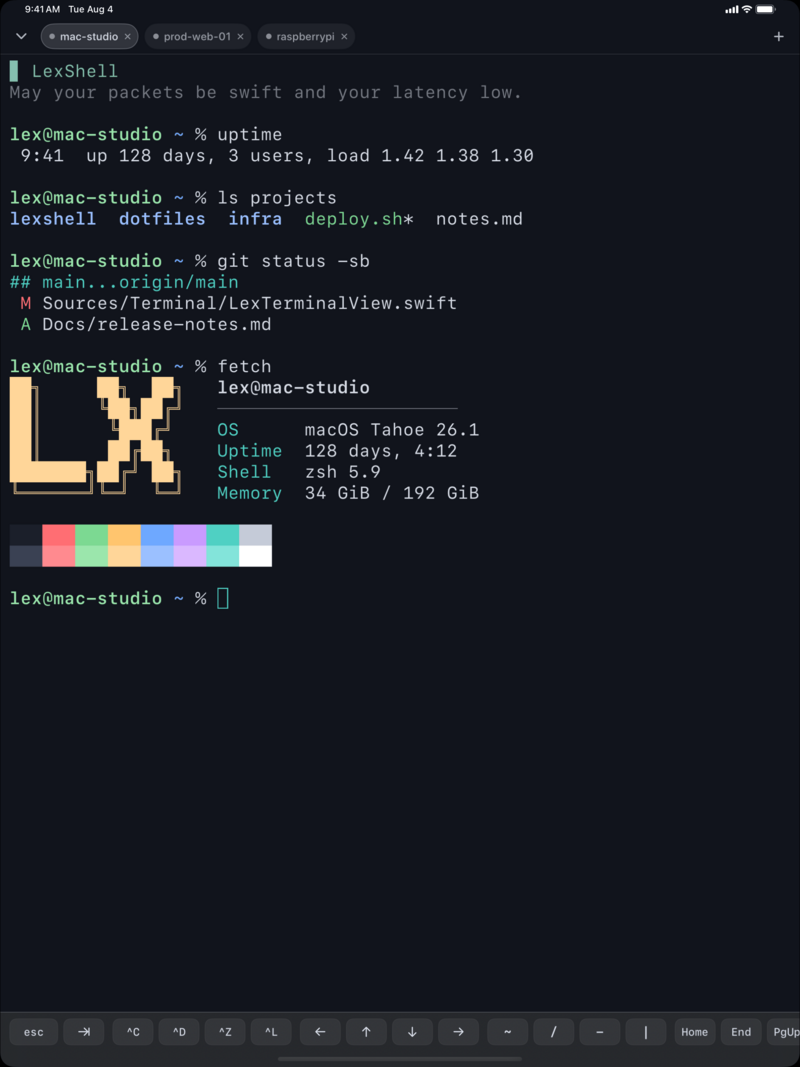 LexShell terminal on iPad in the dark blue Squid Ink theme with three connection tabs open
