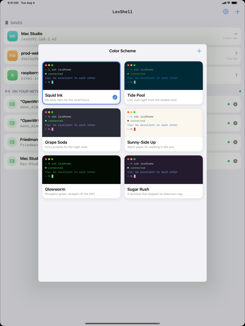 LexShell color scheme picker on iPad showing live previews of Squid Ink, Tide Pool, Grape Soda, Sunny-Side Up, Glowworm, and Sugar Rush themes