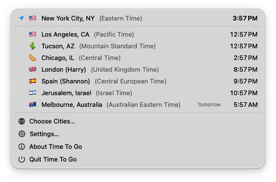 Time To Go&rsquo;s menu bar dropdown listing New York City (Eastern Time) at 3:57 PM at the top, followed by Los Angeles, Tucson, Chicago, London (Harry), Spain (Shannon), Jerusalem, and Melbourne, each with a flag or emoji and its current time, plus Choose Cities, Settings, About, and Quit items