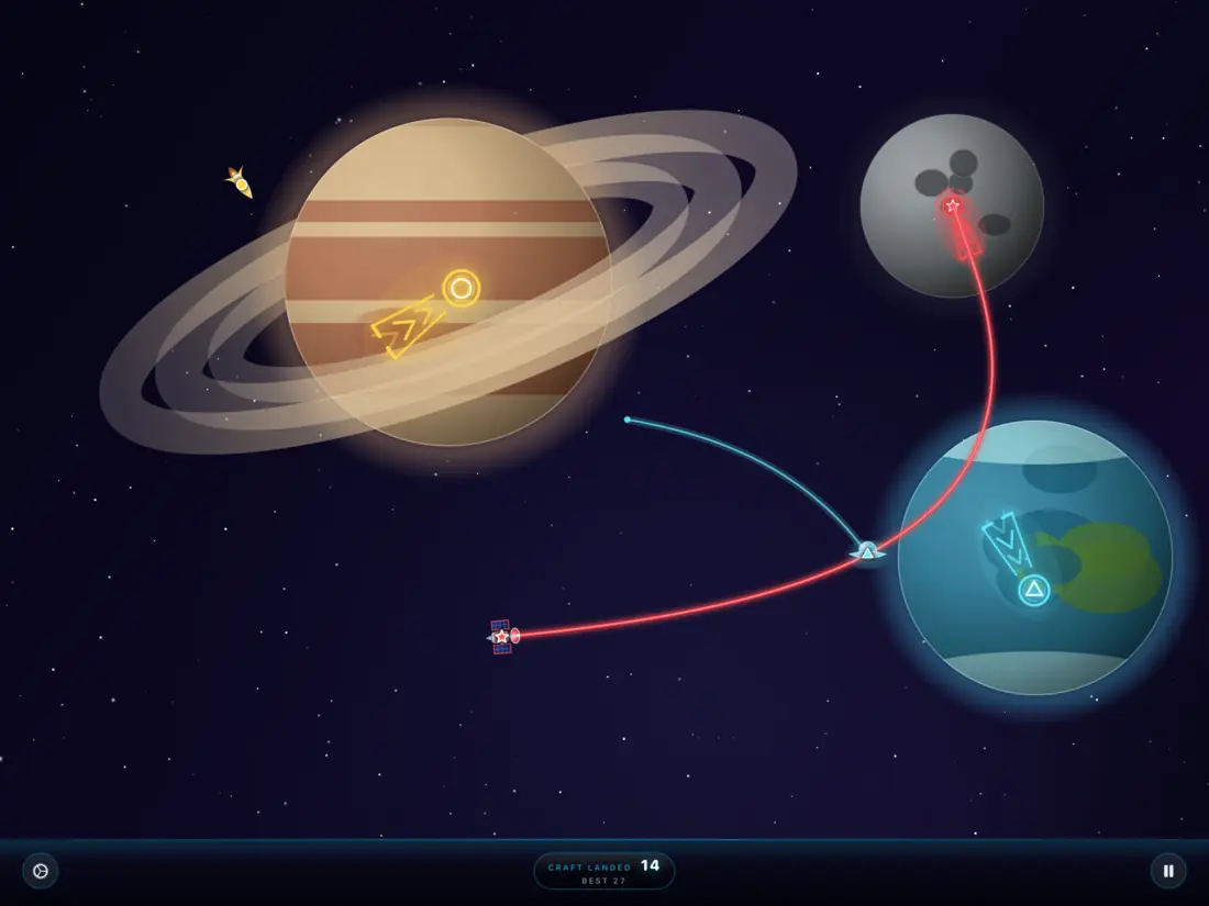 Craft following hand-drawn flight paths toward a ringed planet, a blue world, and a red planet (iPad)