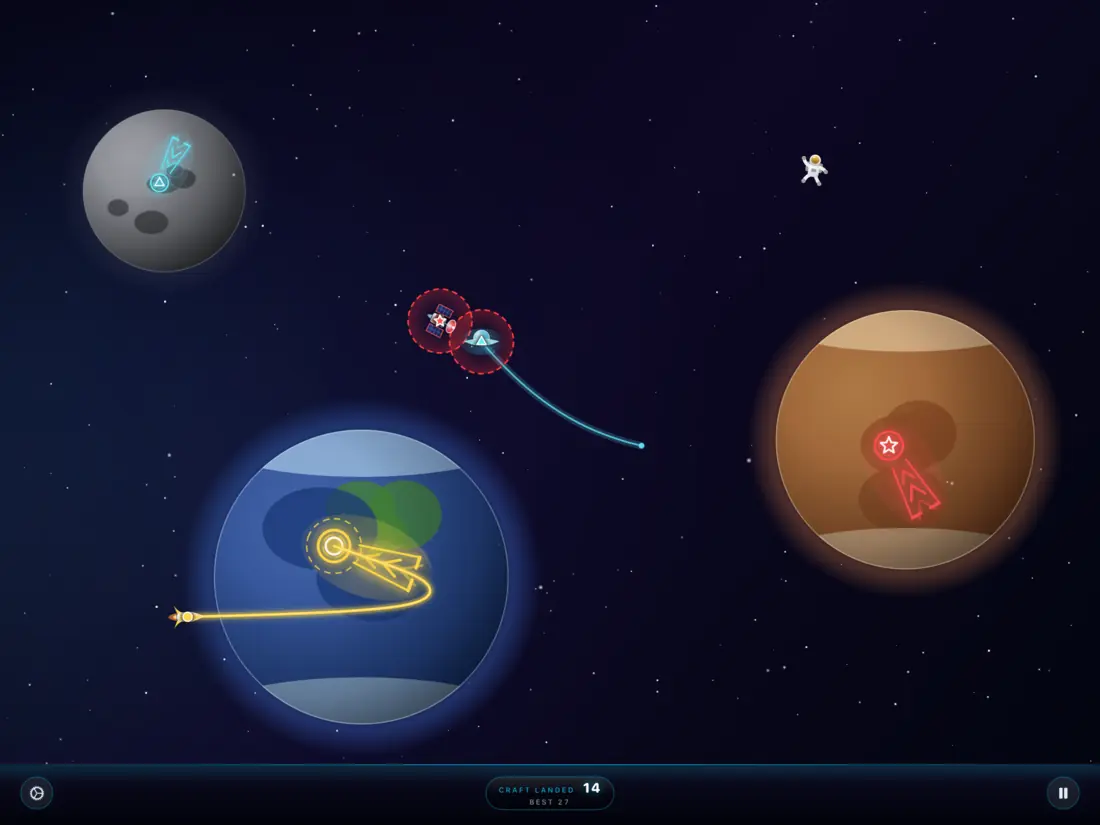 Two craft flashing dashed red warning rings as they drift too close together, with an astronaut floating nearby (iPad)