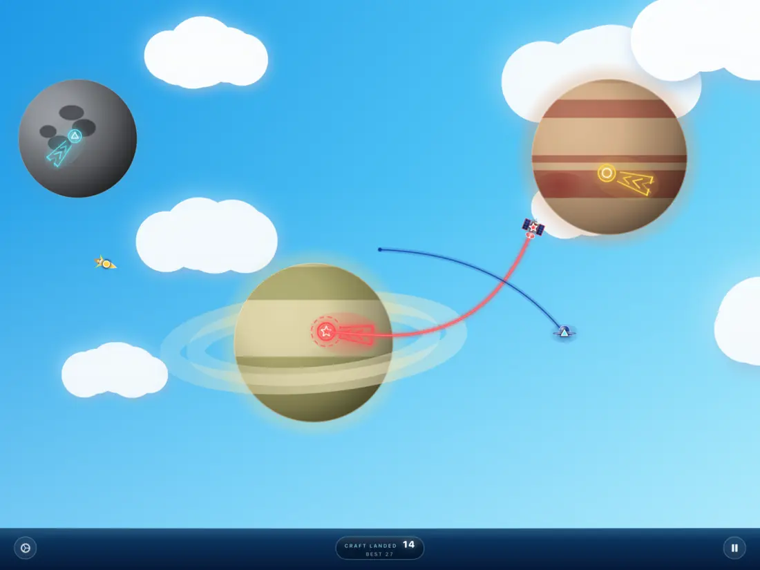 The Daytime sky: planets and craft against bright blue sky and puffy white clouds (iPad)