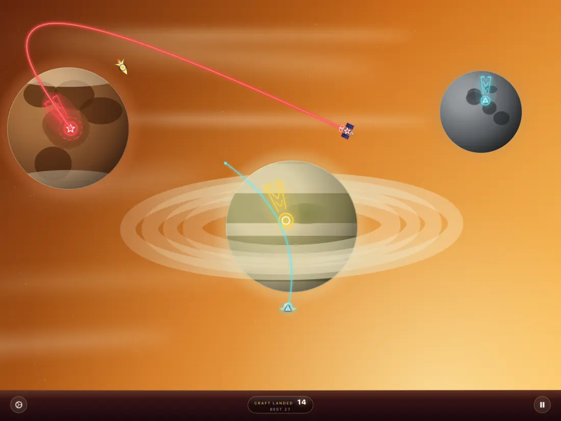The Golden sky: craft tracing paths across ringed and red planets in amber light (iPad)