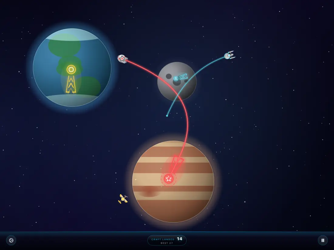 New unlockable spacecraft following traced paths between a blue world, a moon, and a striped planet (iPad)