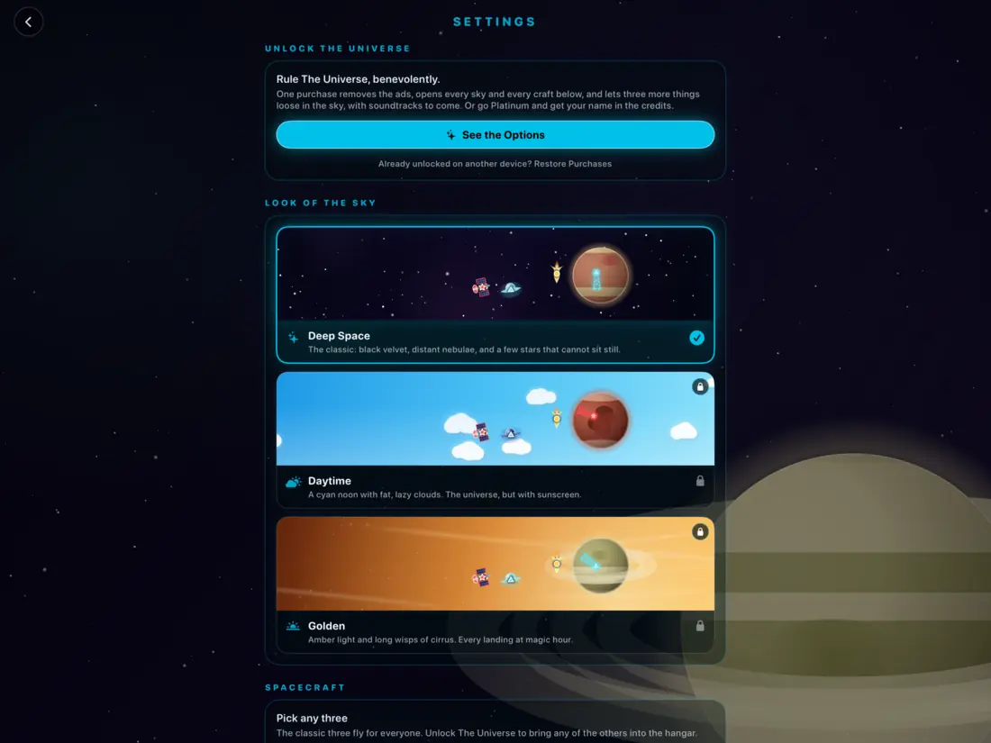The settings screen with options for unlocking the universe and choosing among Deep Space, Daytime, and Golden skies (iPad)