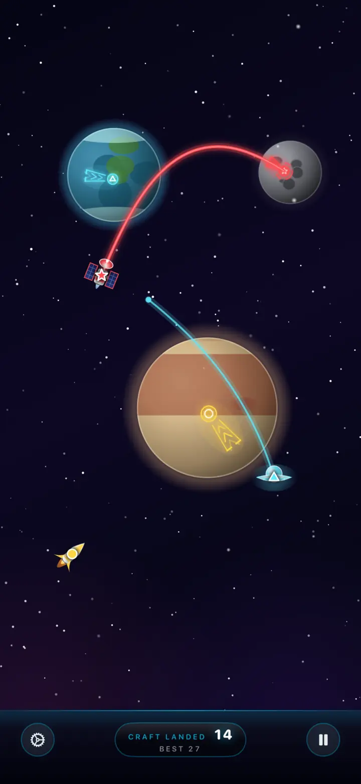 Craft following hand-drawn flight paths toward a ringed planet, a blue world, and a red planet (iPhone)