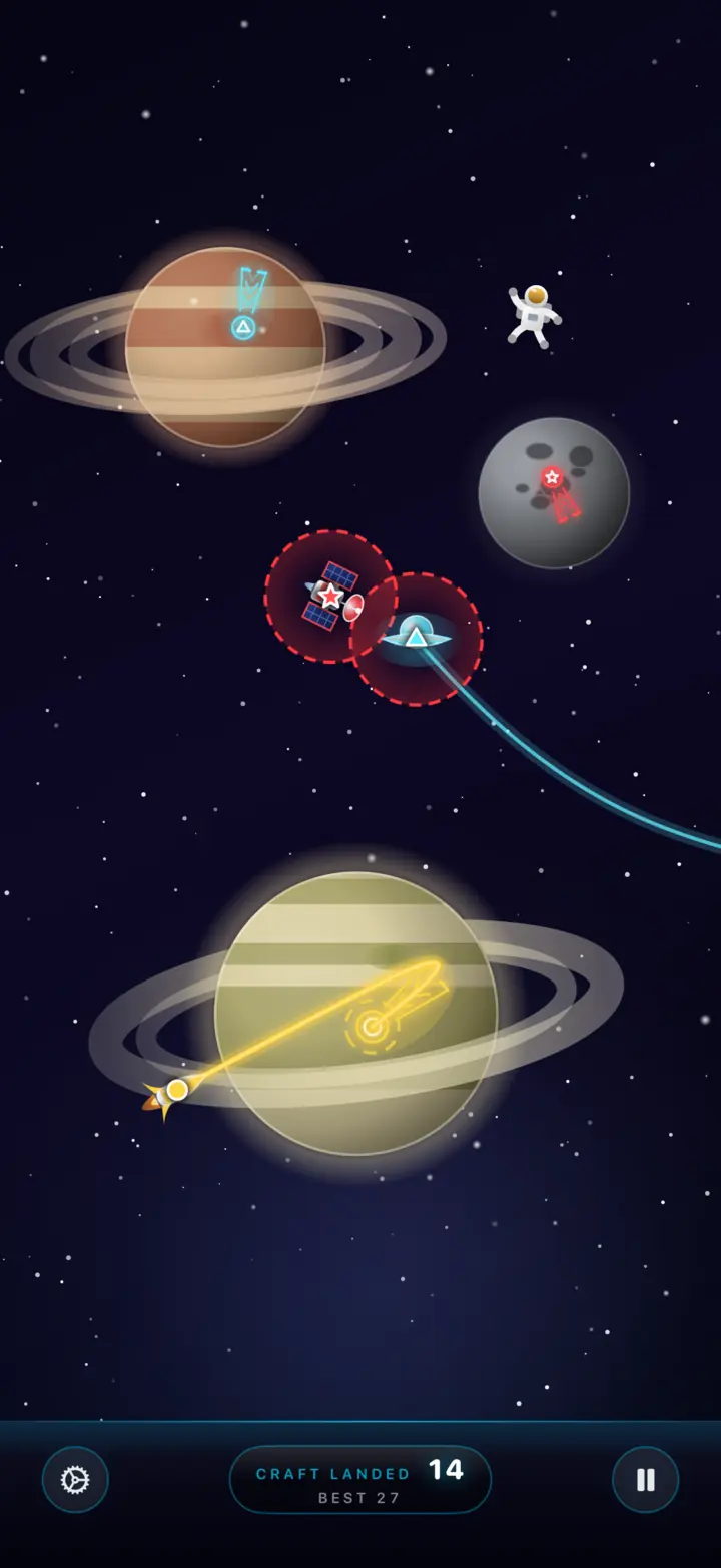 Two craft flashing dashed red warning rings as they drift too close together, with an astronaut floating nearby (iPhone)