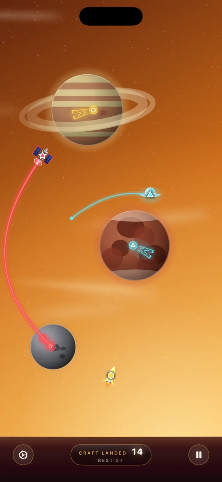 The Golden sky: craft tracing paths across ringed and red planets in amber light (iPhone)