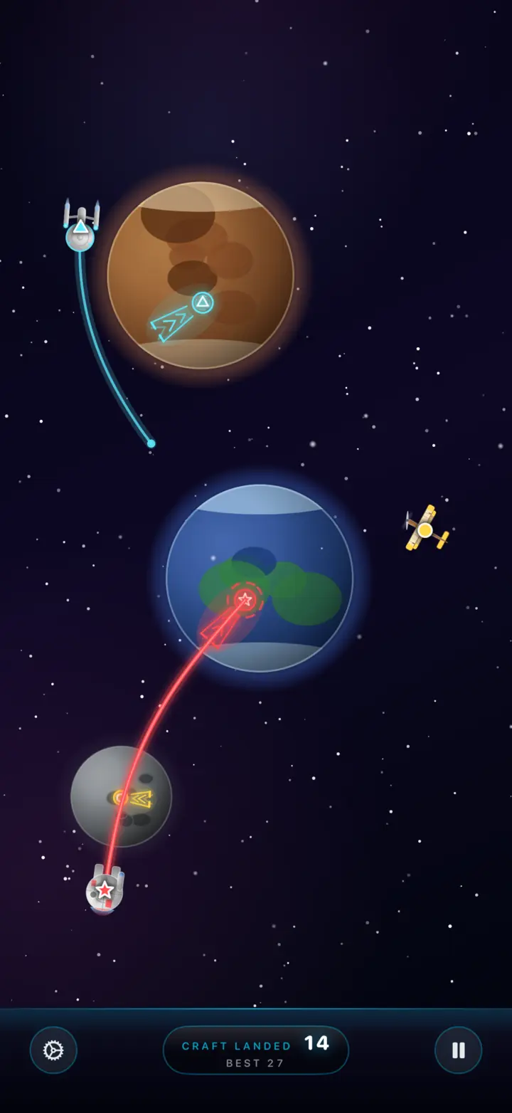 New unlockable spacecraft following traced paths between a blue world, a moon, and a striped planet (iPhone)