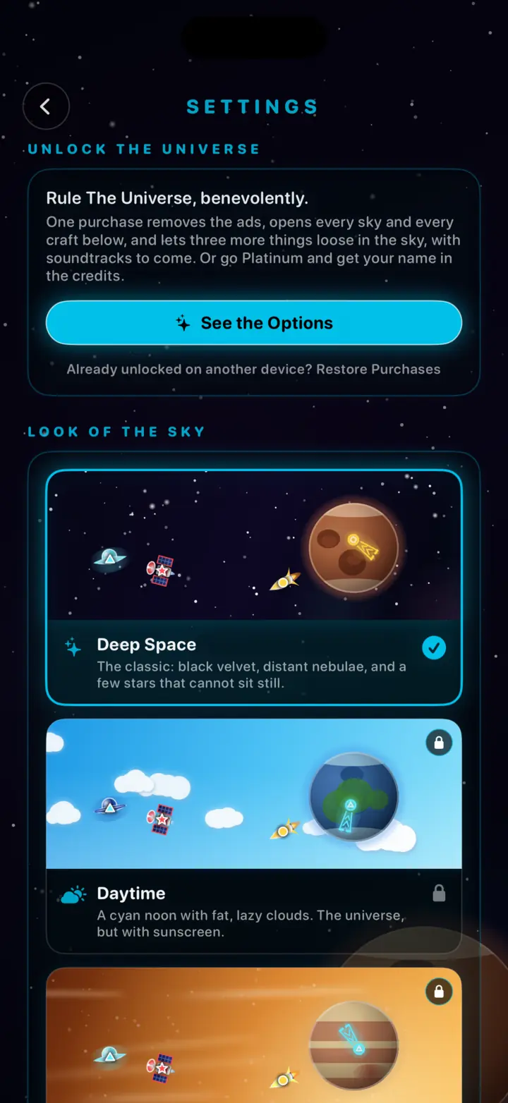 The settings screen with options for unlocking the universe and choosing among Deep Space, Daytime, and Golden skies (iPhone)
