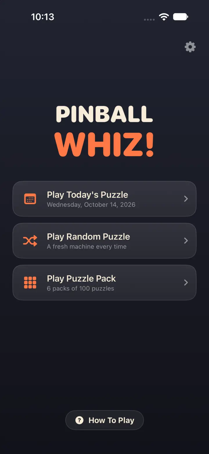 The Pinball Whiz! title screen with options to play today’s puzzle, a random puzzle, or a puzzle pack (iPhone)