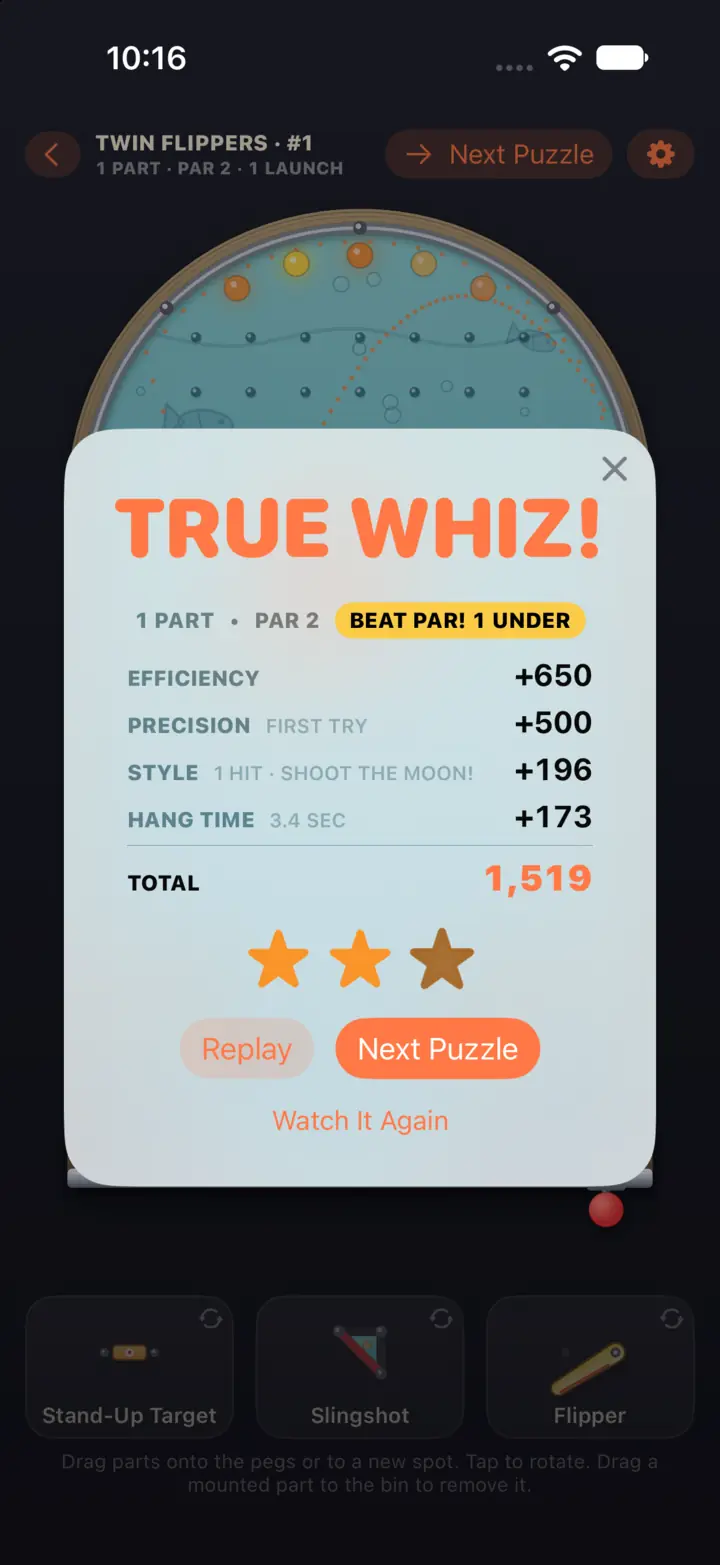 A True Whiz! score card: 1 part on a par of 2, with points for efficiency, precision, style, and hang time, totaling 1,519 and two of three stars (iPhone)