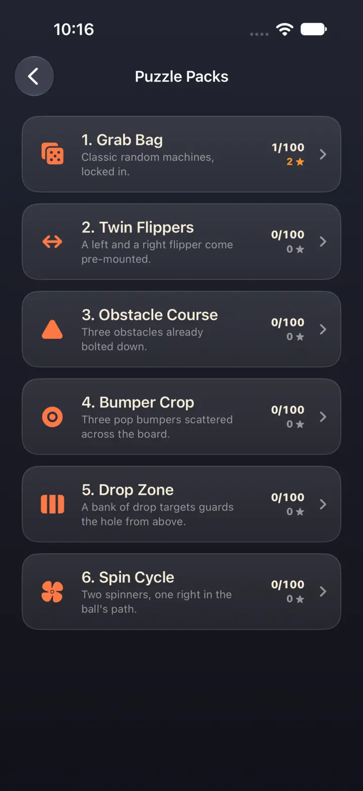The puzzle packs list: Grab Bag, Twin Flippers, Obstacle Course, Bumper Crop, Drop Zone, and Spin Cycle (iPhone)