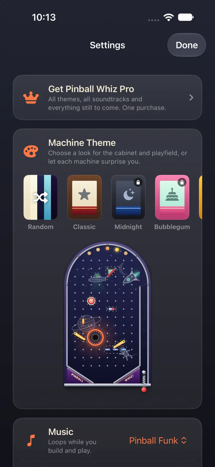 The settings screen with Pinball Whiz Pro, machine themes including Classic, Midnight, and Bubblegum, and the music picker (iPhone)